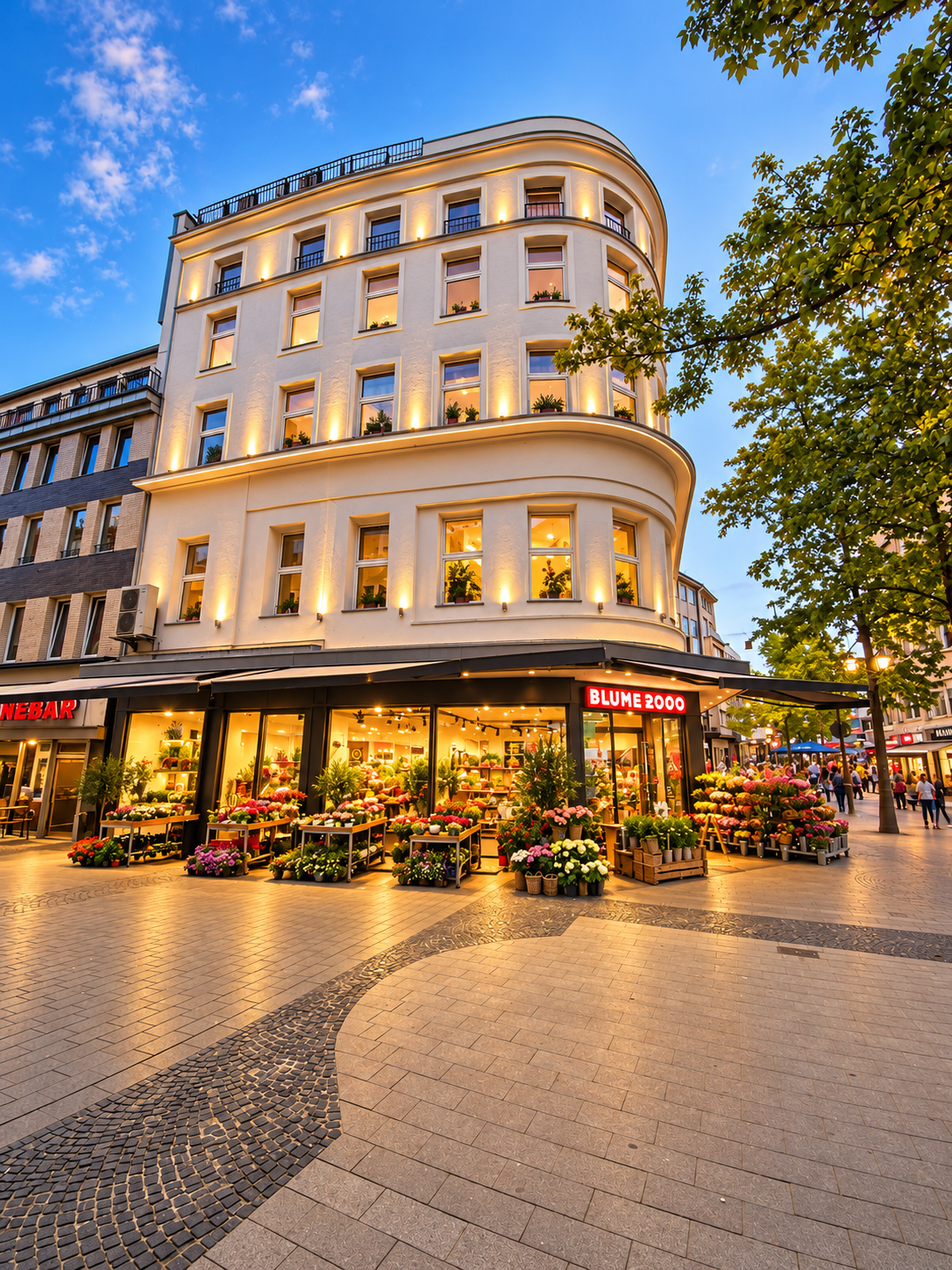 Alte Freiheit 16: helles Eckgebäude mit abgerundeter Fassade und beleuchteter Ladenfront in Wuppertal