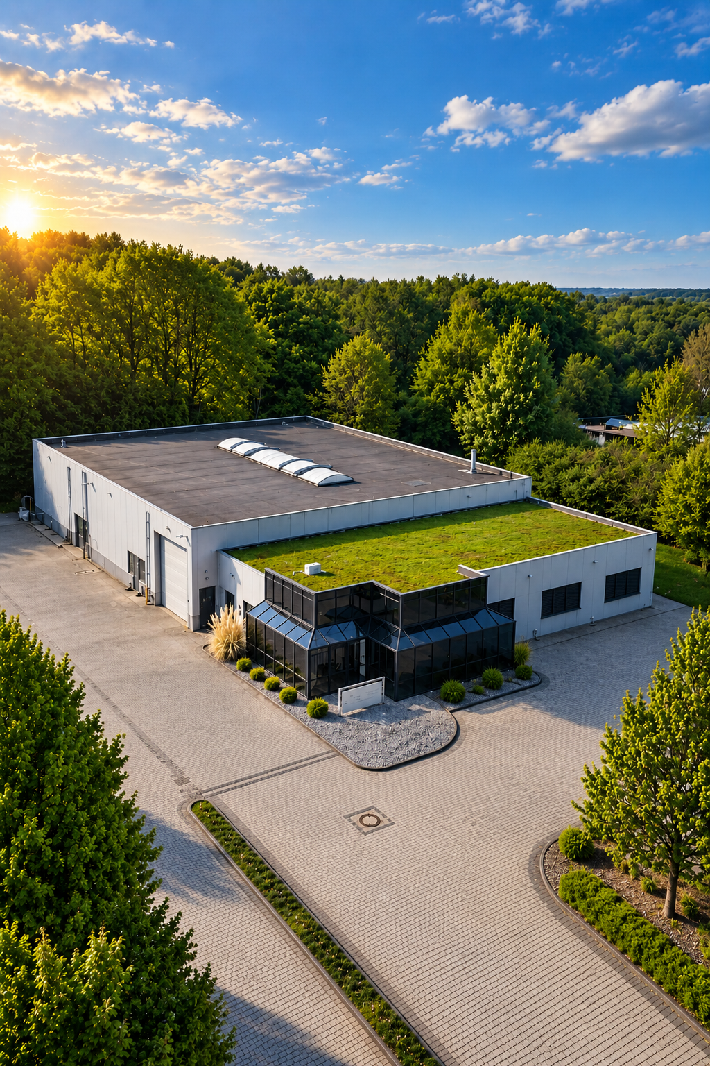 ImmoV Bürozentrale in Gevelsberg mit verglastem Eingang und begrüntem Dach