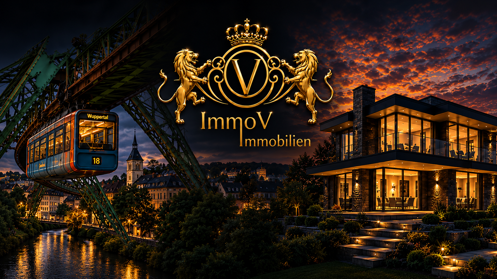 ImmoV Immobilien mit Wuppertaler Schwebebahn und goldenem Wappen